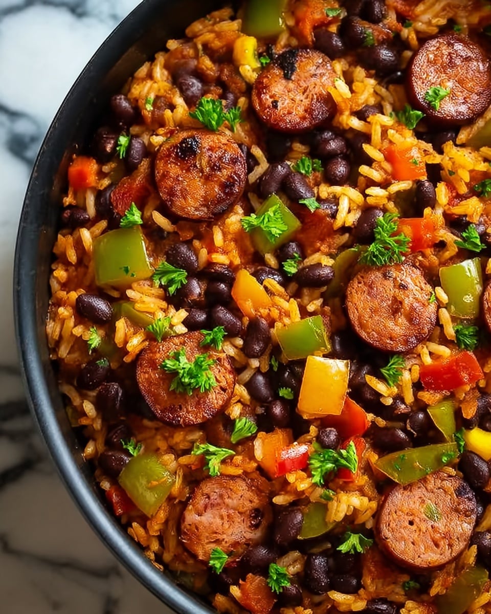 A close-up view of a pan filled with a colorful mixture showing three main layers: the base layer is white rice cooked and mixed with a rich, slightly reddish sauce; scattered throughout the dish are black beans adding dark, smooth texture; on top are round slices of browned sausage giving a meaty, slightly crispy look. Bright chunks of yellow and green bell peppers and pieces of orange carrot are mixed evenly throughout the dish, adding pops of color and crunch. Small green parsley leaves are sprinkled over the meal, adding a fresh touch. The pan is black and placed on a white marbled surface. photo taken with an iphone --ar 4:5 --v 7