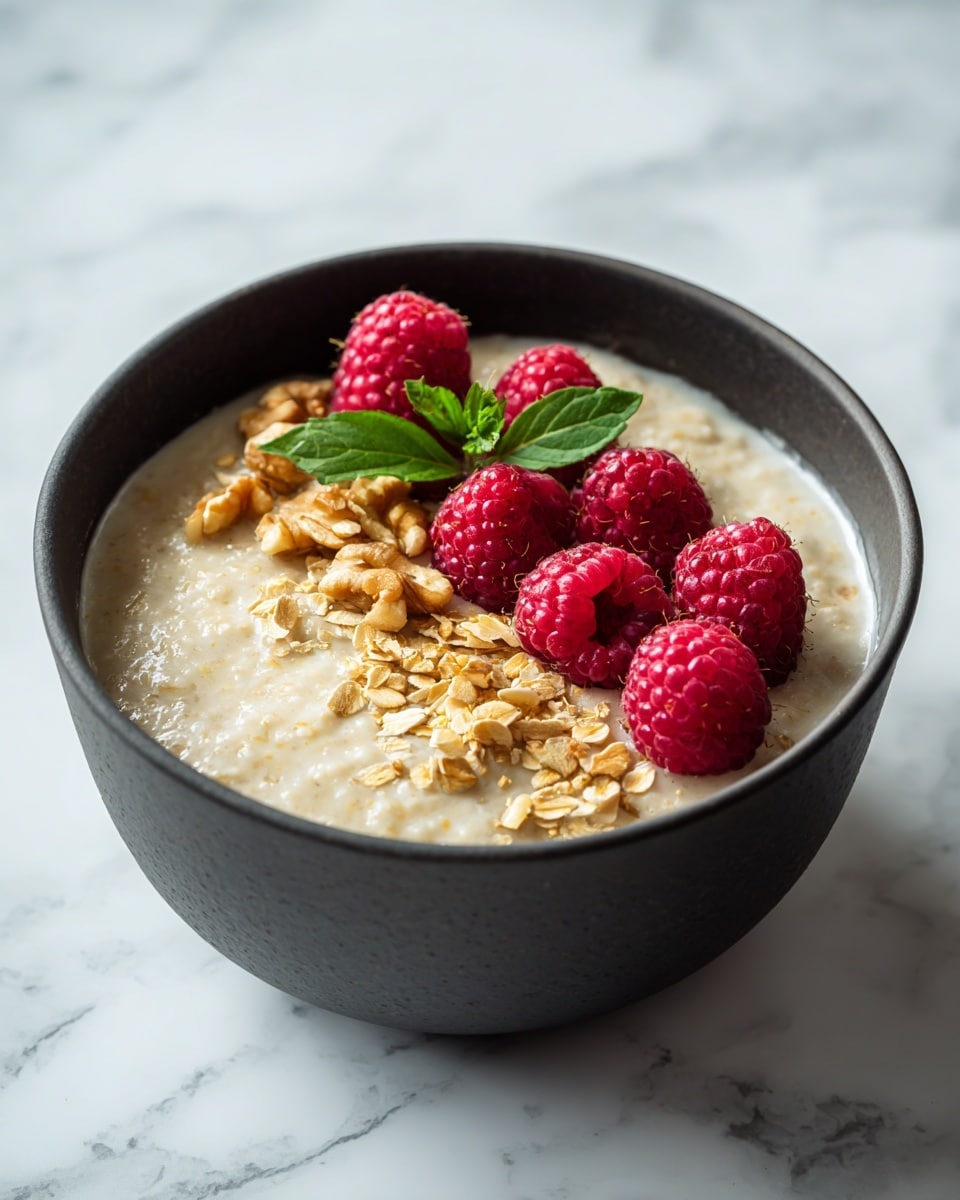 A close-up of a bowl filled with creamy, white oatmeal showing a soft and slightly lumpy texture. On top, there is a cluster of bright red strawberries with green leaves, placed slightly off-center, surrounded by a semi-circle of light brown oat flakes. The bowl is white with intricate dark speckles on the inner rim, sitting on a white marbled surface. A silver spoon rests inside the bowl on the left side. photo taken with an iphone --ar 4:5 --v 7