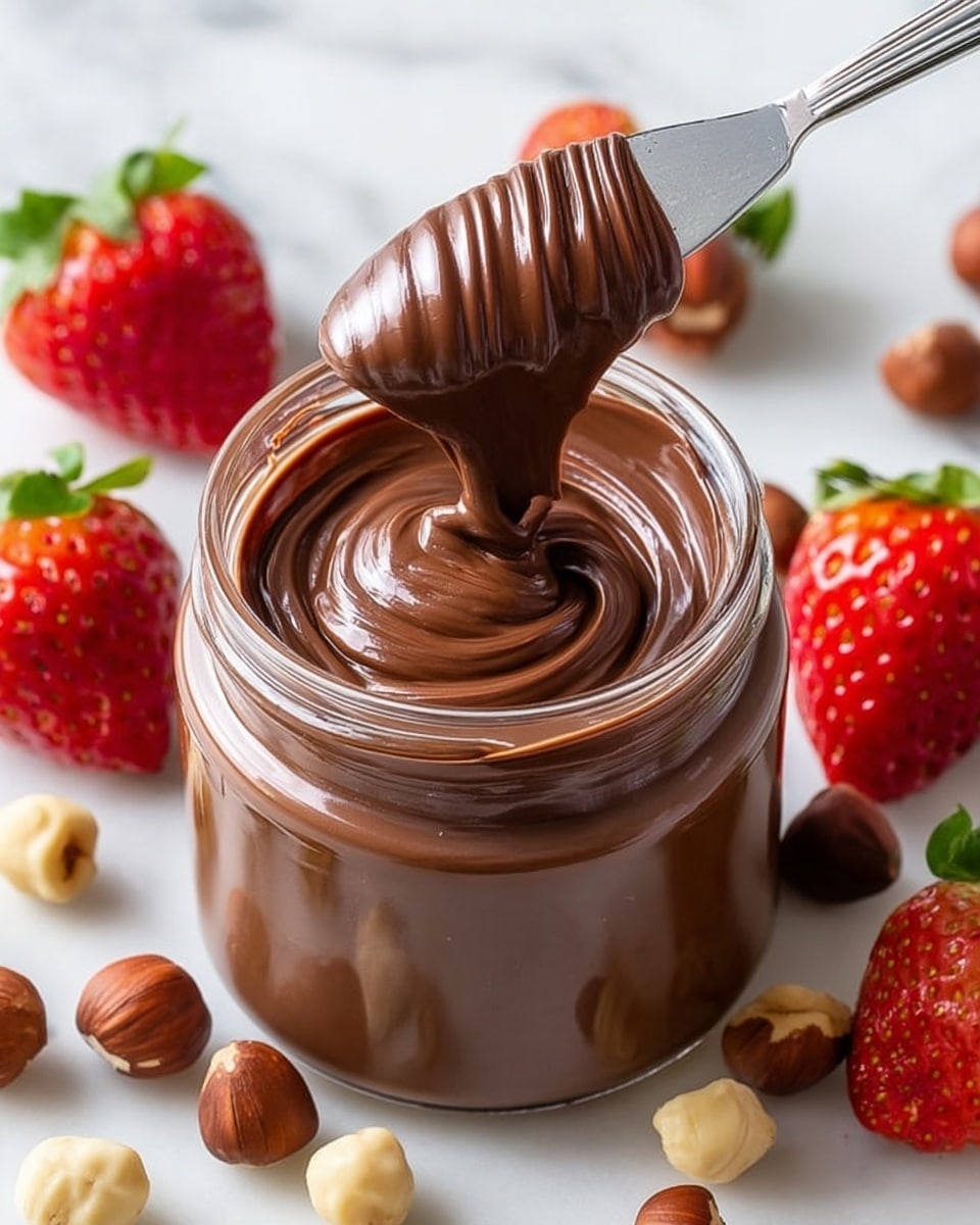 A clear glass jar filled with smooth, creamy chocolate spread that has a shiny, thick texture with a swirl pattern on top. A silver knife is lifting a generous dollop of the glossy chocolate spread above the jar. Around the jar, there are whole strawberries with bright red color and green tops, along with scattered hazelnuts in light and dark brown shades. The jar and the surrounding items sit on a white marbled surface. photo taken with an iphone --ar 4:5 --v 7
