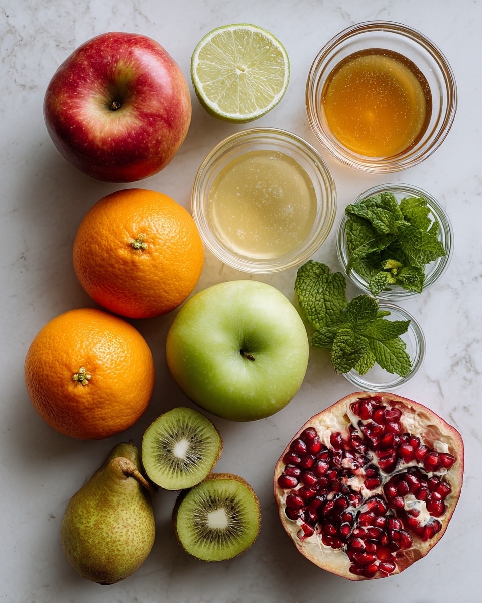 The image shows a flat lay of fresh fruit and ingredients arranged on a white marbled surface. There is one whole red apple at the top left, and next to it is a half-cut lime showing its light green inside. Below the apple, two whole oranges with bright orange skin sit side by side. Below the oranges, a green apple and a pear with a brownish green skin are placed close together. To the right, two halves of a kiwi with bright green flesh and black seeds are aligned vertically. At the bottom right, a half-cut pomegranate is visible with its deep red juicy seeds. There are also three small clear glass bowls, one filled with golden honey, another with fresh green mint leaves, and the last with light yellow jelly. Photo taken with an iphone --ar 4:5 --v 7