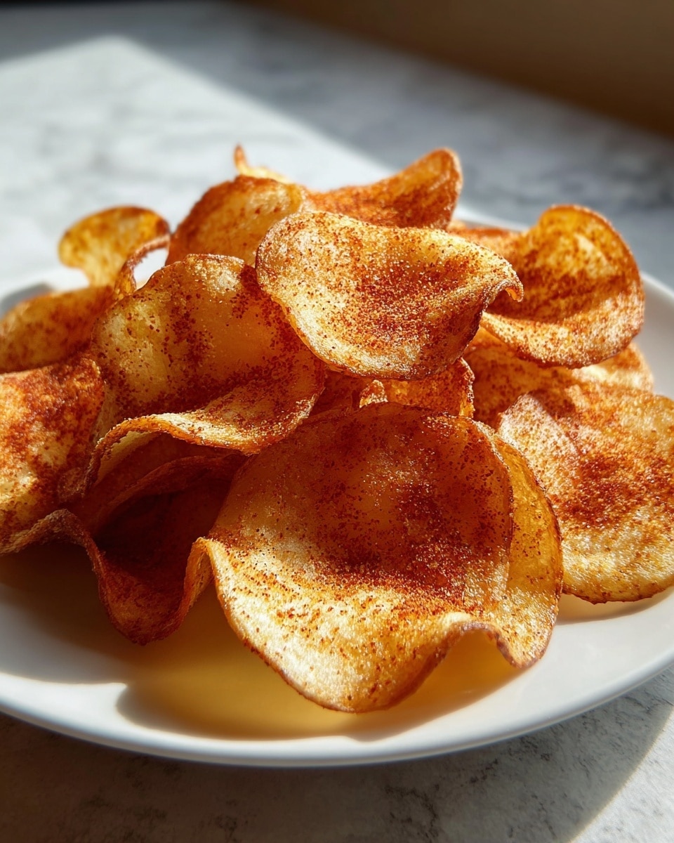 A white plate holds a pile of thin, golden-brown potato chips with a slightly curled shape and a textured surface sprinkled evenly with a reddish-brown seasoning. The chips are layered in a loose stack, showing some areas with a light golden color and others with a deeper, crispier browning. The background shows a soft, white marbled texture. Warm light casts gentle shadows, highlighting the crunchiness and seasoning of the chips. Photo taken with an iphone --ar 4:5 --v 7