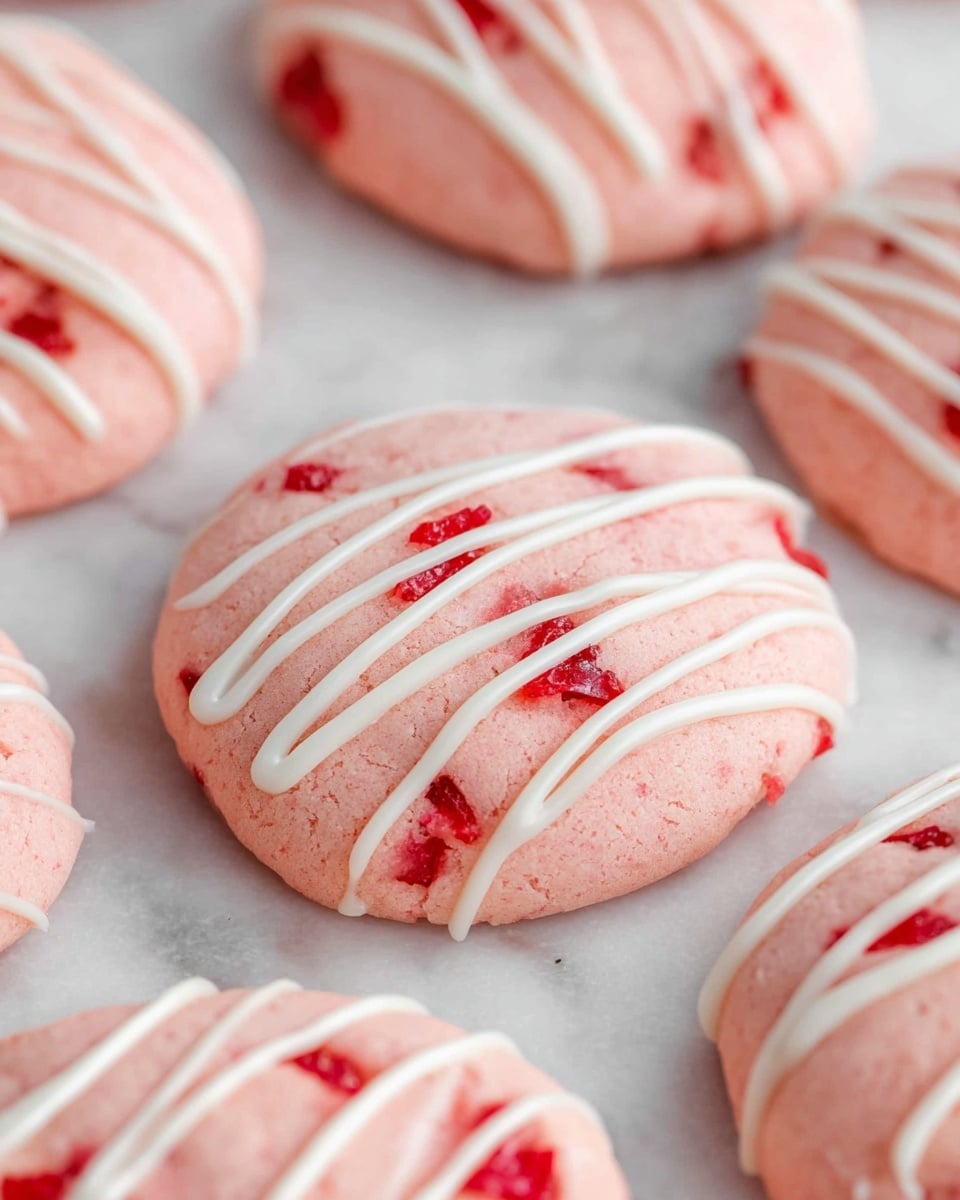 The image shows soft, round pink cookies with small red chunks inside them, arranged on a white marbled surface. Each cookie has five thin white icing stripes drizzled diagonally across the top, creating a contrast with the pink base and red pieces. The cookies have a smooth texture with a slight softness visible in their surface. Photo taken with an iphone --ar 4:5 --v 7
