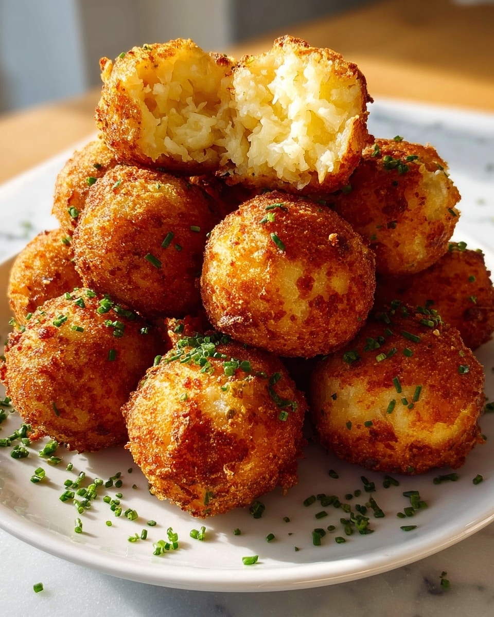 The image shows a pile of round, golden brown fried balls on a white plate, set on a white marbled surface. Each ball has a crispy, textured outer crust with a deep golden color. One of the balls is broken open at the top center, revealing a soft, fluffy inside that is pale yellow with small bits of herbs or finely chopped green onions. The balls are garnished with small chopped green herbs scattered over the top and around the plate. The lighting highlights the crispy texture and contrast between the crunchy outside and tender inside. Photo taken with an iphone --ar 4:5 --v 7