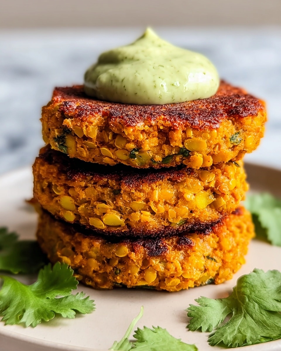 A stack of three thick, round patties with a coarse, grainy texture in a warm golden orange color, each showing small yellow lentils and bits of green herbs inside; the patties have a crispy, browned surface with darker spots on top and edges. A dollop of creamy, pale green sauce with specks of herbs sits on the top patty, looking smooth and rich. Some fresh green cilantro leaves are placed around the base of the patties on a clean white plate, all set against a white marbled surface. photo taken with an iphone --ar 4:5 --v 7