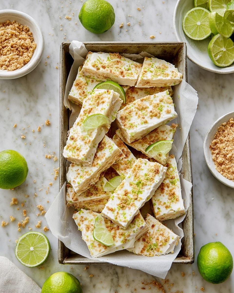 A rectangular metal tray lined with white parchment paper holds multiple broken pieces of white bark-like dessert topped with toasted golden crumbs and small green zest bits scattered unevenly on the surface. Bright green lime slices are placed between and on top of the white bark pieces. Around the tray, there are white bowls filled with crushed crumbs, golden toasted flakes, and whole limes. The background is a white marbled surface with some crumbs scattered, adding a casual feel to the arrangement. photo taken with an iphone --ar 4:5 --v 7