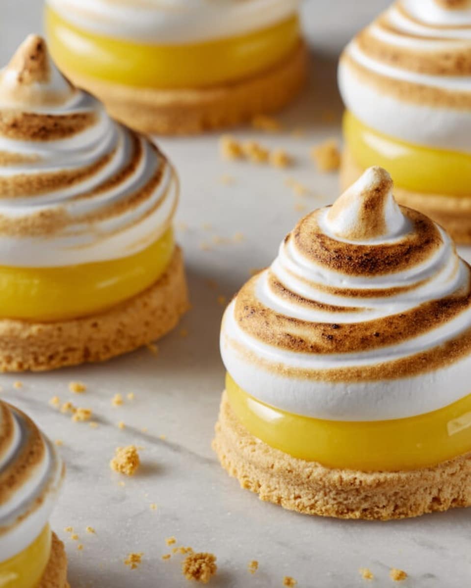 The image shows four lemon meringue cookies on a white marbled texture. Each cookie has three clear layers: the bottom layer is a light golden-brown biscuit base with a slightly crumbly texture, the middle layer is a smooth and glossy bright yellow lemon filling, and the top layer is a thick, swirled meringue with a toasted light brown and white color, topped with a small peak in the center. The cookies are evenly spaced, with some small crumbs scattered around them. photo taken with an iphone --ar 4:5 --v 7