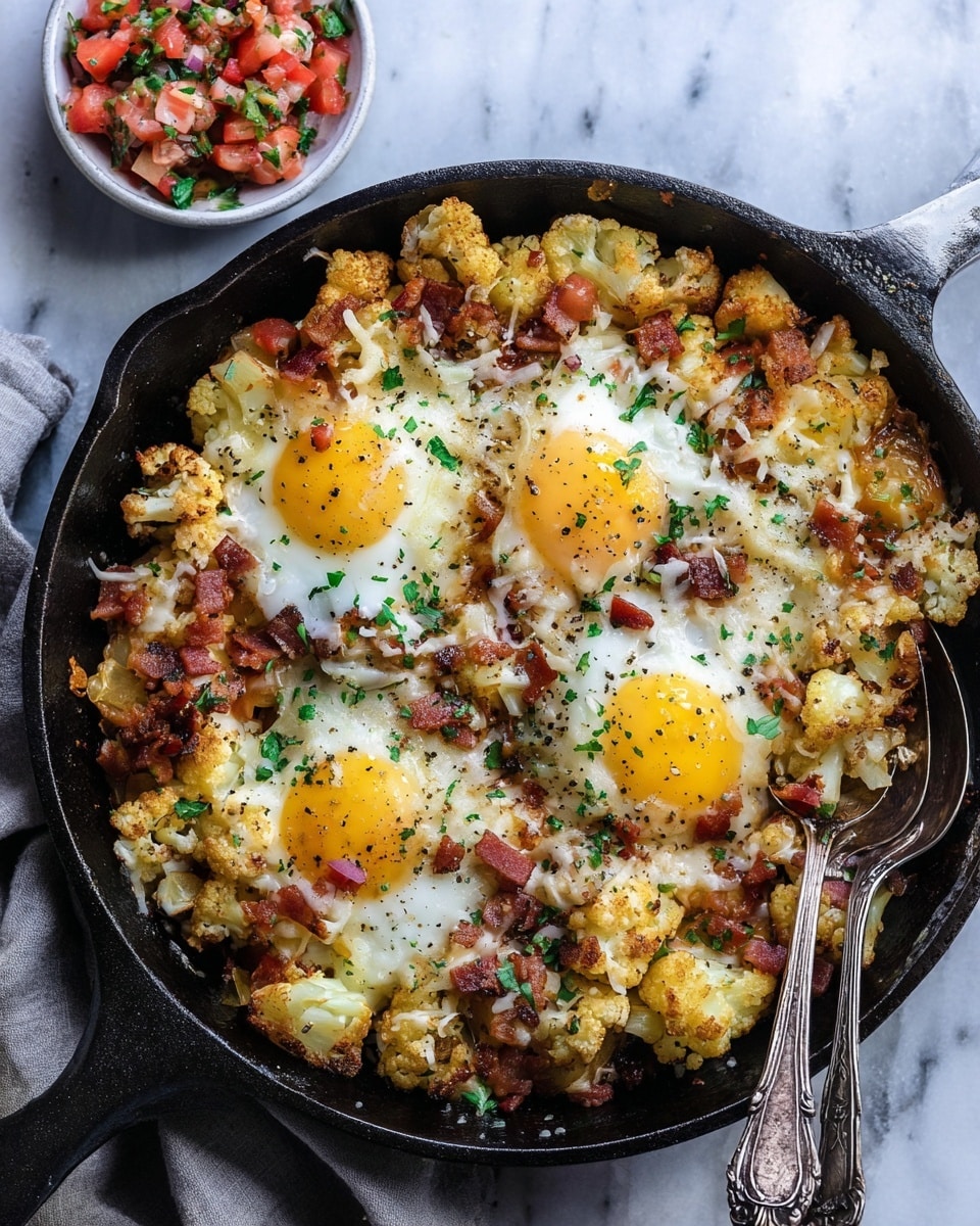 A black cast iron skillet filled with a dish showing three cooked sunny-side-up eggs evenly spaced on top. Around the eggs is a mix of golden brown roasted cauliflower florets and small pieces of cooked bacon, scattered with melted cheese in shades of white and yellow. The dish is sprinkled with chopped green herbs and black pepper. Two ornate silver spoons rest inside the skillet on one side. In the background, a small white bowl holds a colorful tomato salsa, and everything is set on a white marbled texture. photo taken with an iphone --ar 4:5 --v 7