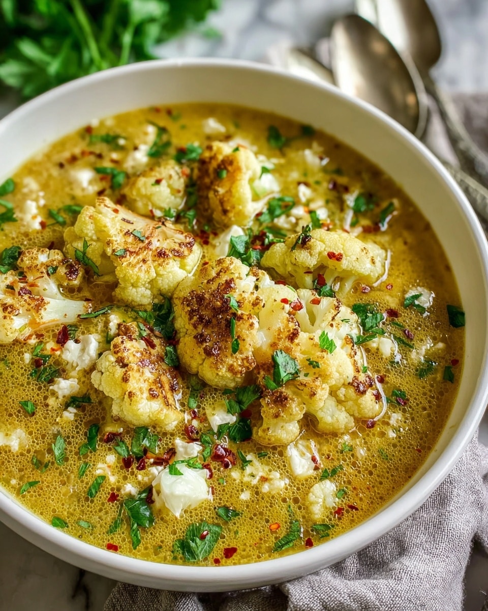 A white bowl filled with a golden yellow soup, showing large pieces of light brown roasted cauliflower on the surface. There are white cauliflower florets mixed inside, with small bits of white cheese scattered around. The soup is garnished with bright green chopped herbs and red chili flakes, all floating in a textured broth. The bowl sits on a white marbled surface with a gray cloth and metal cutlery nearby. Photo taken with an iphone --ar 4:5 --v 7