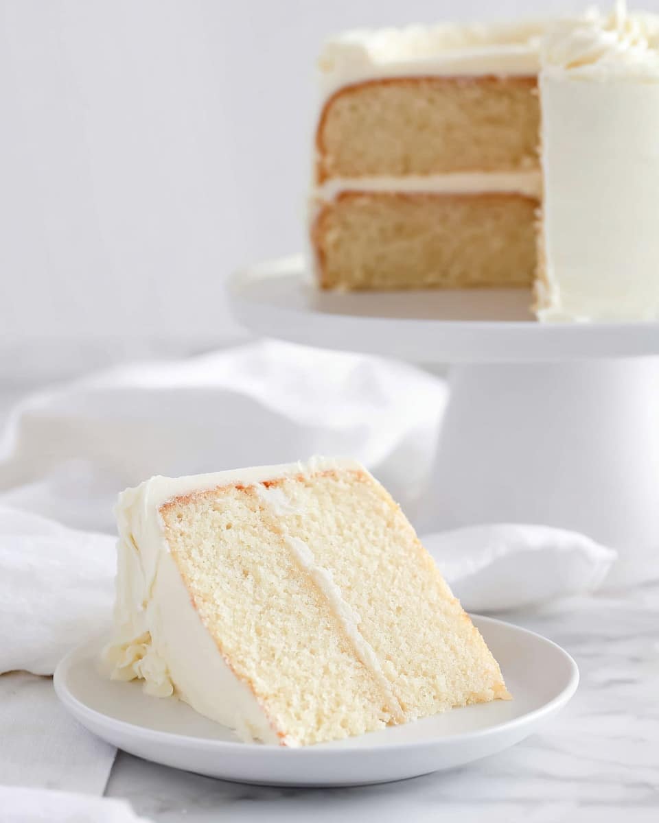 A slice of two-layer white cake sits on a plain white plate in the foreground, showing a soft, moist texture with light golden edges and smooth white frosting between layers and on top. In the background, the rest of the same cake, also two layers, with thick smooth white frosting all around, is placed on a white cake stand. Both are on a white marbled surface with a white cloth nearby, creating a clean and simple scene. photo taken with an iphone --ar 4:5 --v 7