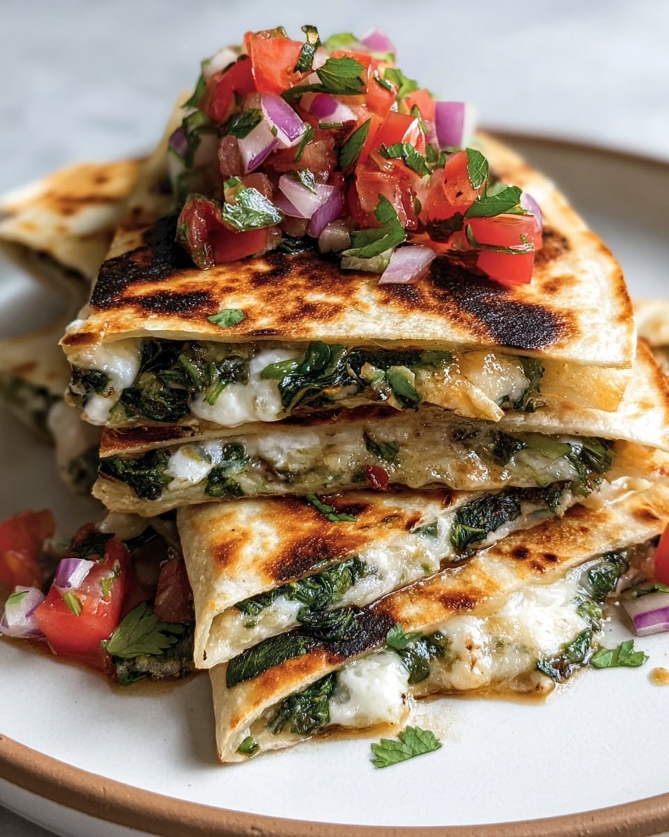 A stack of four triangular quesadilla pieces is placed on a white plate over a white marbled surface. Each quesadilla is made of two browned, slightly crispy flour tortillas with a golden-brown texture and some darker char spots. Inside the quesadilla, there is a soft white cheese layer, cooked spinach with a dark green, leafy look, and caramelized onions with a light golden color. On top of the quesadillas, there is a fresh, colorful mixture of chopped red tomatoes, purple onions, and green cilantro leaves, adding a bright and fresh contrast to the warm, cooked layers. photo taken with an iphone --ar 4:5 --v 7