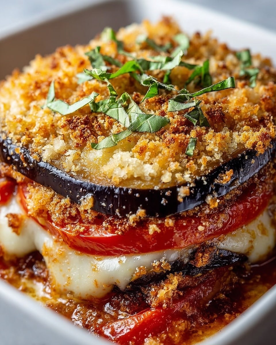 This dish is a layered eggplant casserole shown close-up in a white baking dish on a white marbled surface. There are three visible thick layers of cooked eggplant slices with dark purple edges and soft, golden-brown crumbs on top. Between the eggplant layers, there are bright red tomato slices and melted white cheese that oozes slightly. The top layer is covered with crispy golden breadcrumbs and sprinkled with fresh green herb leaves, adding texture and color contrast. The overall look is rich and baked with a mix of crispy, soft, and melty textures. photo taken with an iphone --ar 4:5 --v 7