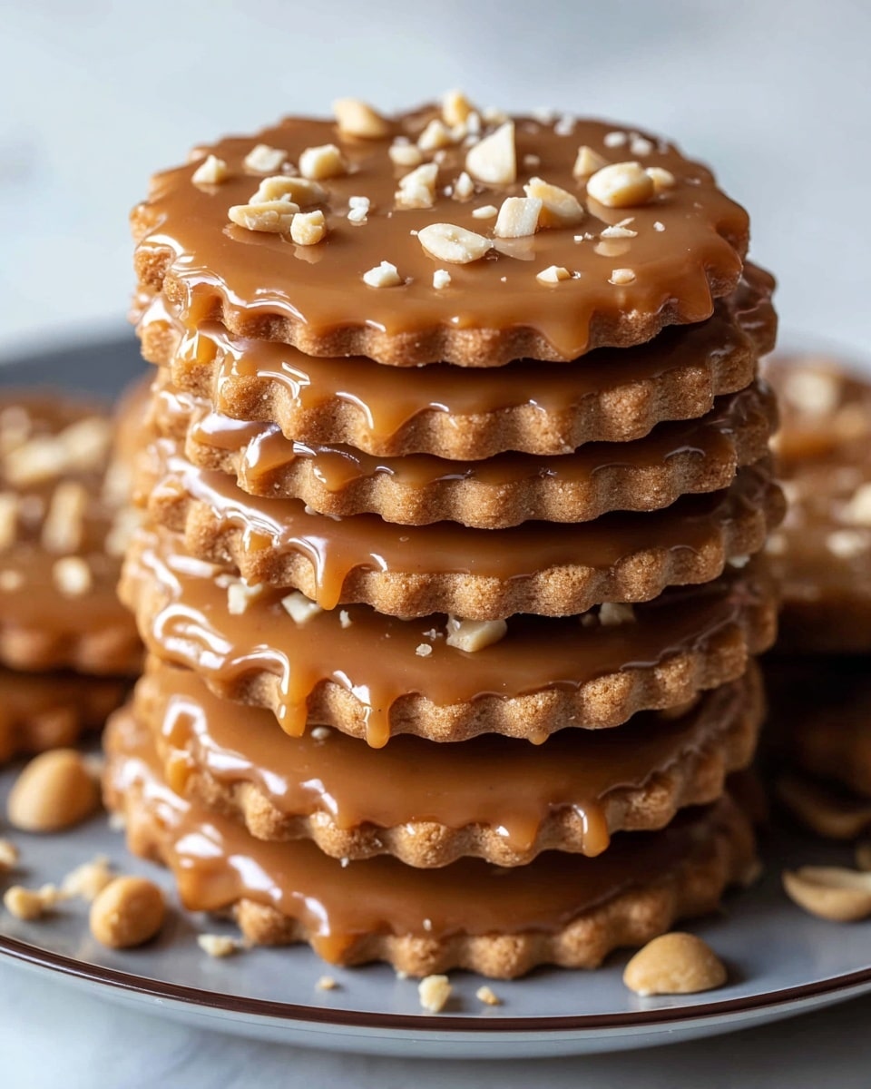 A tall stack of seven round cookies with scalloped edges layered with smooth, shiny caramel in between each cookie, creating a rich, glossy brown filling that slightly drips out at the edges. The top cookie is fully covered in the same caramel and sprinkled generously with small, uneven chunks of light tan peanuts. The stack sits on a white plate with a rim, against a white marbled texture background, and there are a few peanut pieces scattered nearby. photo taken with an iphone --ar 4:5 --v 7