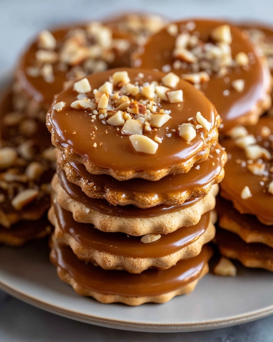 A stack of round crackers is shown, each topped with a smooth, shiny layer of caramel in a rich brown color. The caramel spreads fully over each cracker, slightly dripping over the rough, beige edges. On top of the caramel are small pieces of chopped nuts, pale tan with a slightly rough texture, scattered evenly. The stacks are placed closely together on a white plate that sits on a white marbled surface. The image focuses on the layers of crackers, caramel, and nuts, highlighting the glossy caramel and the texture contrast between the smooth caramel and crunchy nuts. photo taken with an iphone --ar 4:5 --v 7