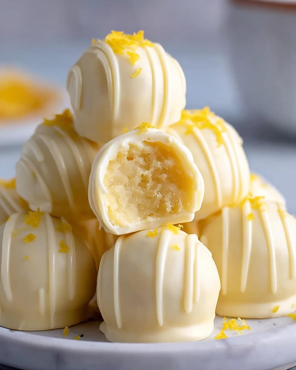 A close-up view of several round white chocolate truffles stacked on a white plate with a white marbled texture beneath. Each truffle is smoothly coated in creamy white chocolate with drizzled white chocolate lines on top, adding texture. The center truffle is cut open to show a soft, light yellow filling inside with a slightly grainy texture. Small yellow zest pieces are sprinkled on top and around the truffles, adding a bright contrast. The background is softly blurred, keeping focus on the truffles. photo taken with an iphone --ar 4:5 --v 7