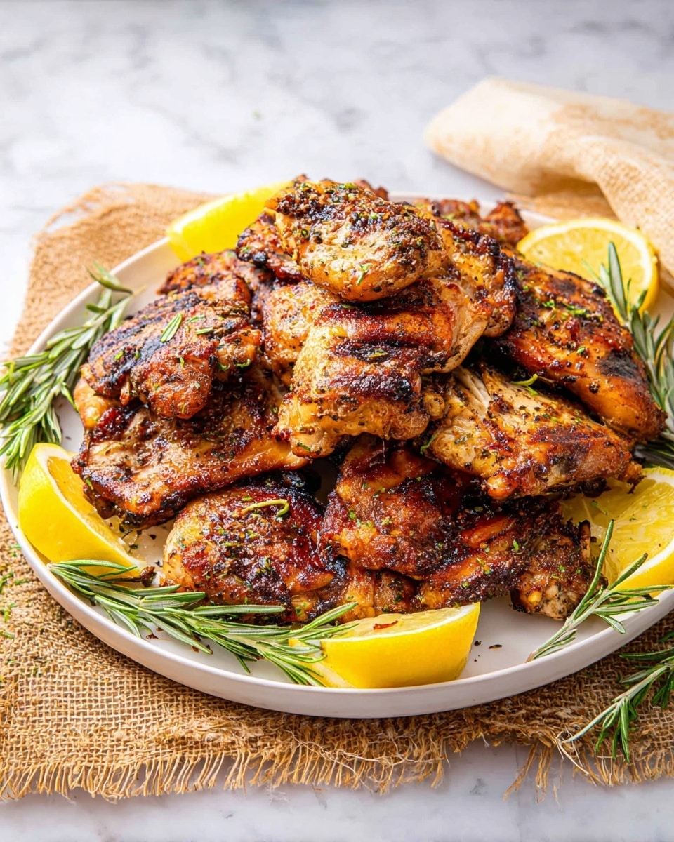 A white plate filled with several layers of grilled chicken thighs, each piece showing a golden-brown color with charred edges and sprinkled with herbs. Between the pieces, bright yellow lemon wedges add contrast, while fresh green rosemary sprigs are placed on the sides for decoration. The plate sits on a brown textured cloth on a white marbled surface. The chicken's texture looks juicy and slightly crispy on the outside. photo taken with an iphone --ar 4:5 --v 7