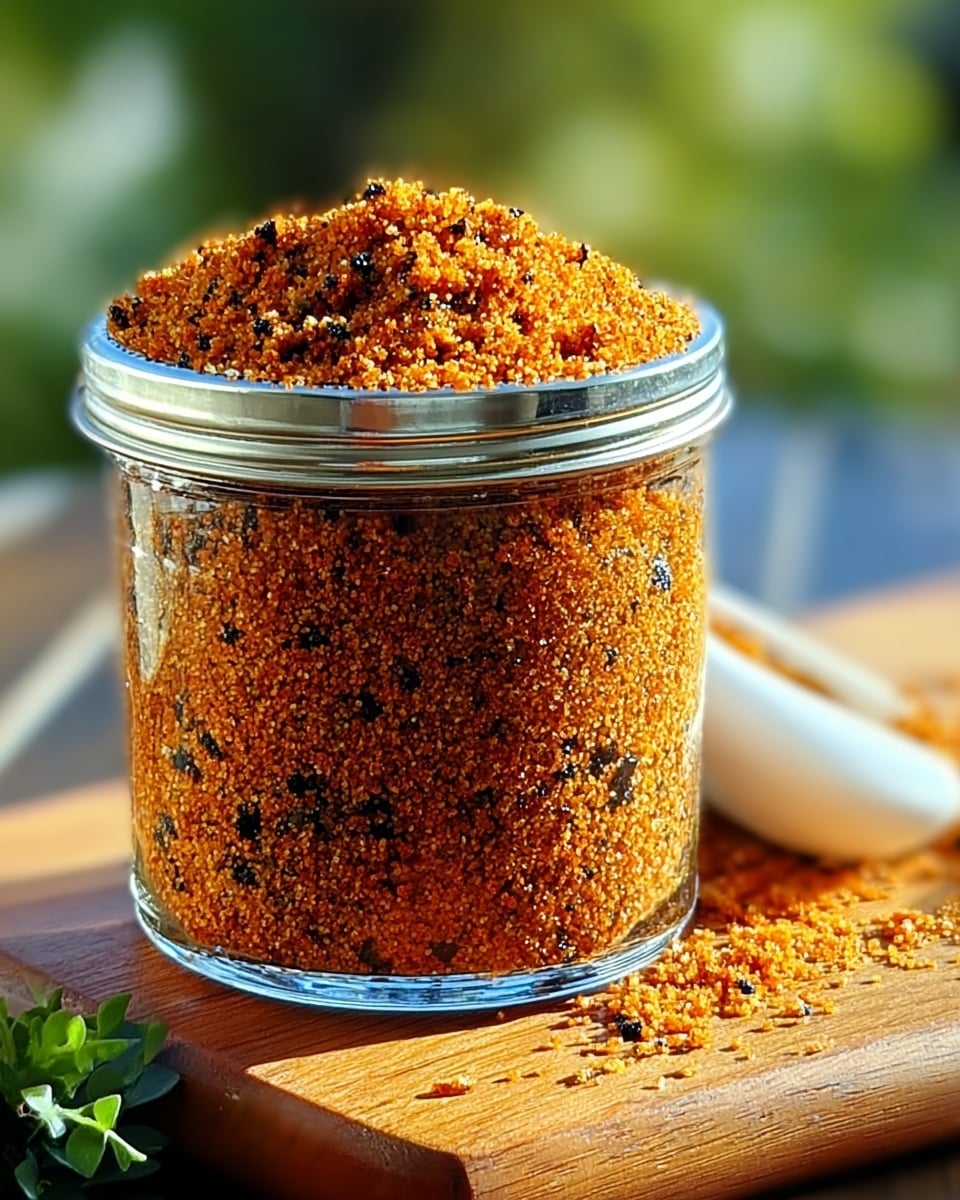 A close-up image shows a small clear glass jar filled to the top with a textured dry mixture made of tiny orange granules mixed with some small black bits, forming a rough, grainy surface that mounds slightly over the jar’s silver screw-on lid. The jar sits on a wooden board, with some of the mixture spilled around it and a white scooping utensil partially visible in the background. A small green leaf is at the corner of the wooden board, and the whole scene is set against a softly blurred green background, with bright natural light shining from the side. Photo taken with an iphone --ar 4:5 --v 7