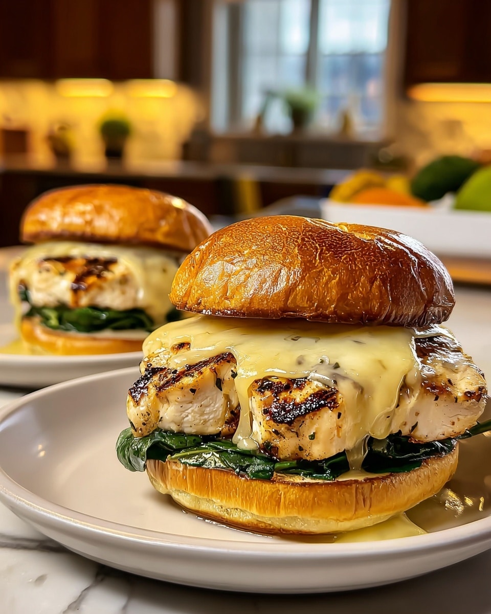 A close-up view of a grilled chicken sandwich stacked on a white plate with a black inner surface, placed on a white marbled texture. The sandwich has four layers, starting with a toasted, slightly charred bottom bun that is light brown with grill marks. Above it is a thick, grilled chicken breast patty with visible herbs and a golden-brown sear. On top of the chicken, there is a fresh layer of dark green leafy spinach with creamy white melted cheese spreading over it. The sandwich is topped with a shiny, golden-brown toasted bun with a slightly glossy, smooth surface and subtle grill marks. The background is softly blurred with a kitchen setting. Photo taken with an iphone --ar 4:5 --v 7