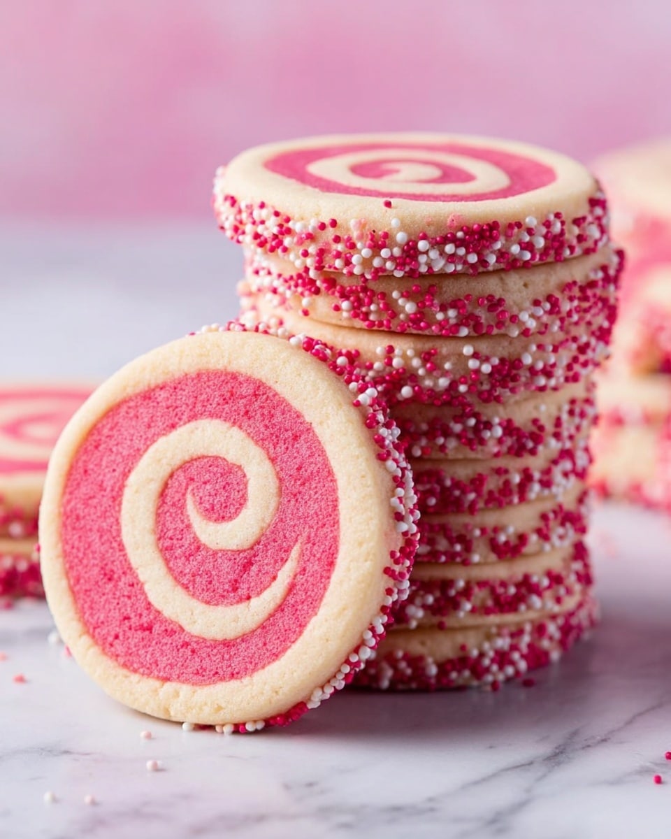 A stack of round swirl cookies is shown on a white marbled surface, with one cookie leaning against the stack. Each cookie has two layers spiraled together: a bright pink layer and a cream layer. The edges of every cookie are covered with small round pink and white sprinkles, adding a textured, colorful border. The cookies have a soft, slightly crumbly look with smooth swirl patterns. Photo taken with an iphone --ar 4:5 --v 7