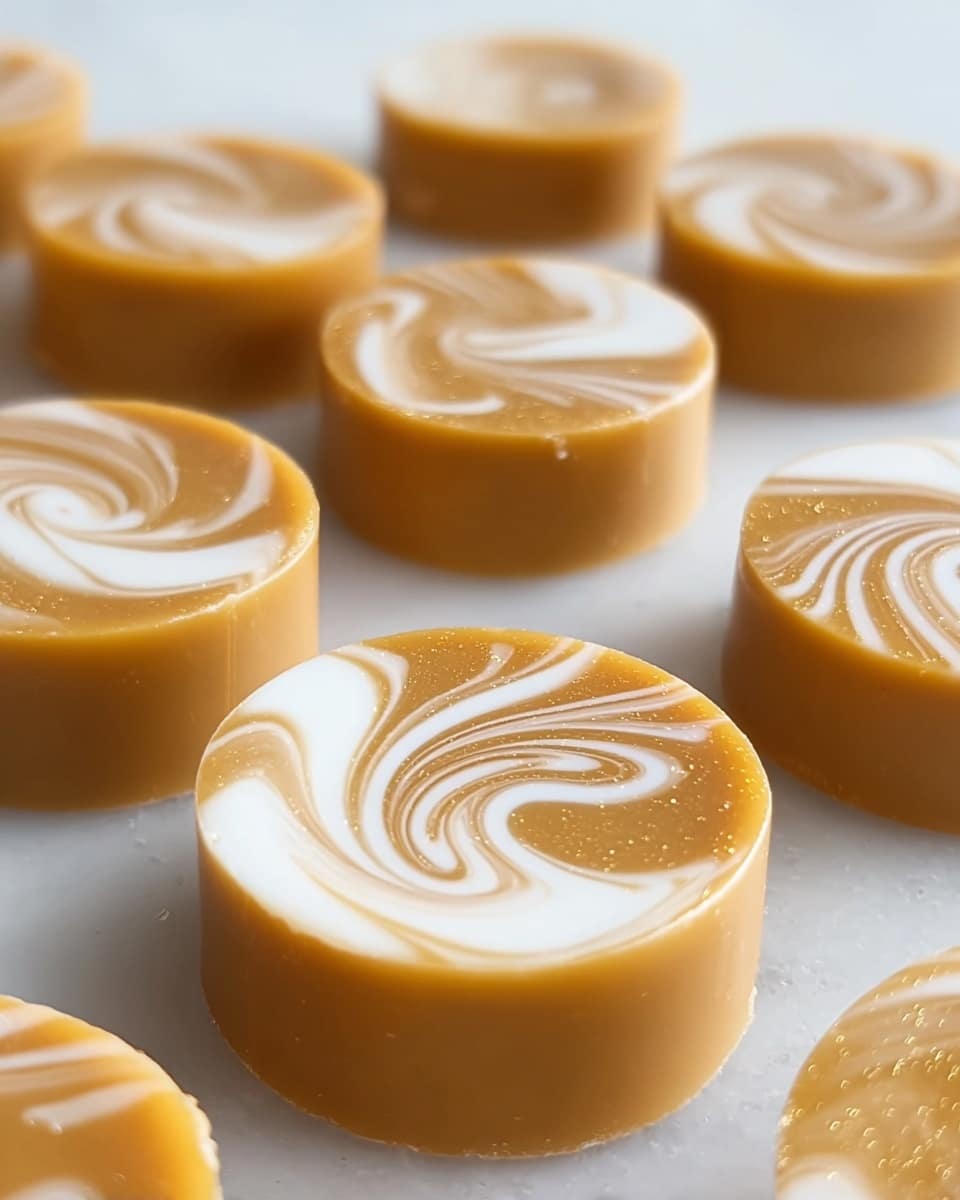 The image shows several round candies with two main layers. The bottom layer is a solid, smooth caramel color with a slightly shiny finish. The top layer has a swirl design combining caramel and white colors, creating a marbled effect that looks creamy and smooth. The candies have a soft texture with tiny shimmering specks that catch the light. They are placed in neat rows on a white marbled texture, giving a clean and bright background. The candies are thick and uniform in shape, with sharp, clear edges. photo taken with an iphone --ar 4:5 --v 7