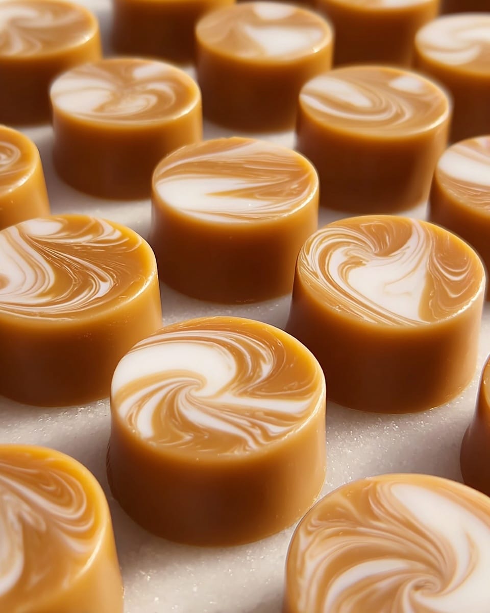 The image shows several small round caramel candies with a smooth, glossy surface, arranged closely on a white marbled texture. Each candy is a light brown caramel color with a marbled top layer that swirls white cream into the caramel, creating a delicate pattern of curves and waves. The candies are uniform in size and shape, with flat tops and smooth sides that reflect soft light, and they are evenly spaced in rows across the surface. Photo taken with an iphone --ar 4:5 --v 7