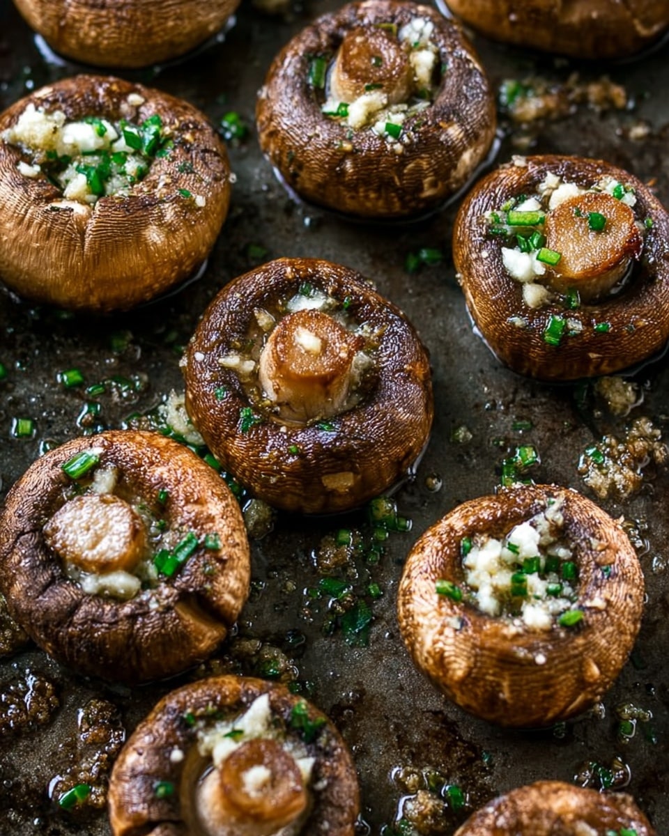 The image shows several cooked whole mushrooms arranged on a dark baking tray. Each mushroom is a rich brown color with a slightly shiny texture from oil or butter. The mushrooms are topped with small bits of white garlic and sprinkled with finely chopped green herbs, likely chives or parsley. The mushrooms have a slightly wrinkled and browned surface, some with darker toasted spots, giving a roasted look. The baking tray surface contrasts with the mushrooms and shows some oil droplets and small bits of herbs around them. photo taken with an iphone --ar 4:5 --v 7
