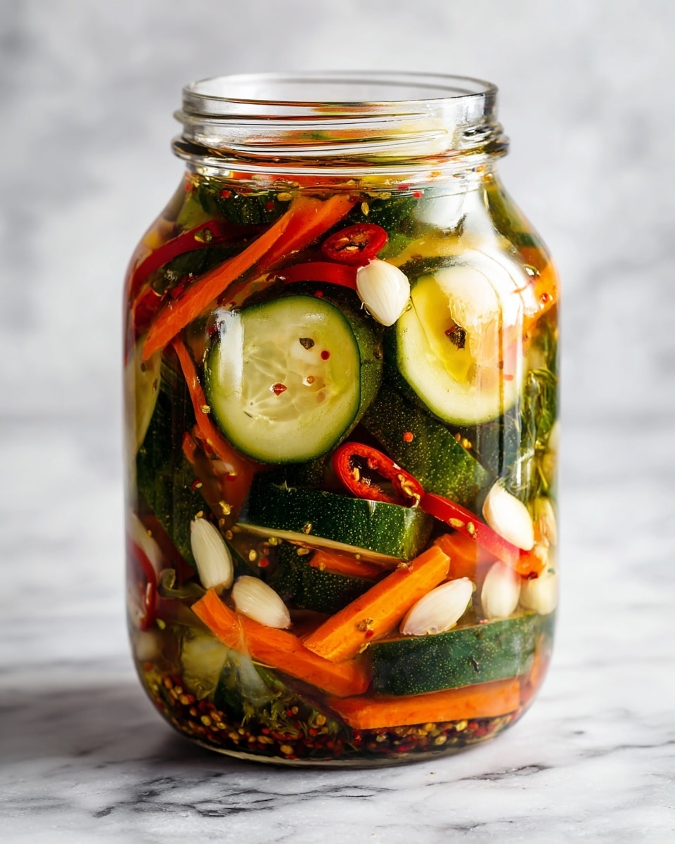 The image shows a clear glass jar filled with colorful pickled vegetables. Inside, there are layers of sliced cucumbers with dark green skin and pale green flesh, bright orange carrot slices, and red chili pepper pieces. White slices of garlic are scattered throughout, along with visible seeds and spices that add texture. The vegetables are packed tightly together, covered in a shiny, slightly oily brine that reflects light, giving the jar a fresh and vibrant look. The jar is placed on a white marbled surface with a blurred background. photo taken with an iphone --ar 4:5 --v 7