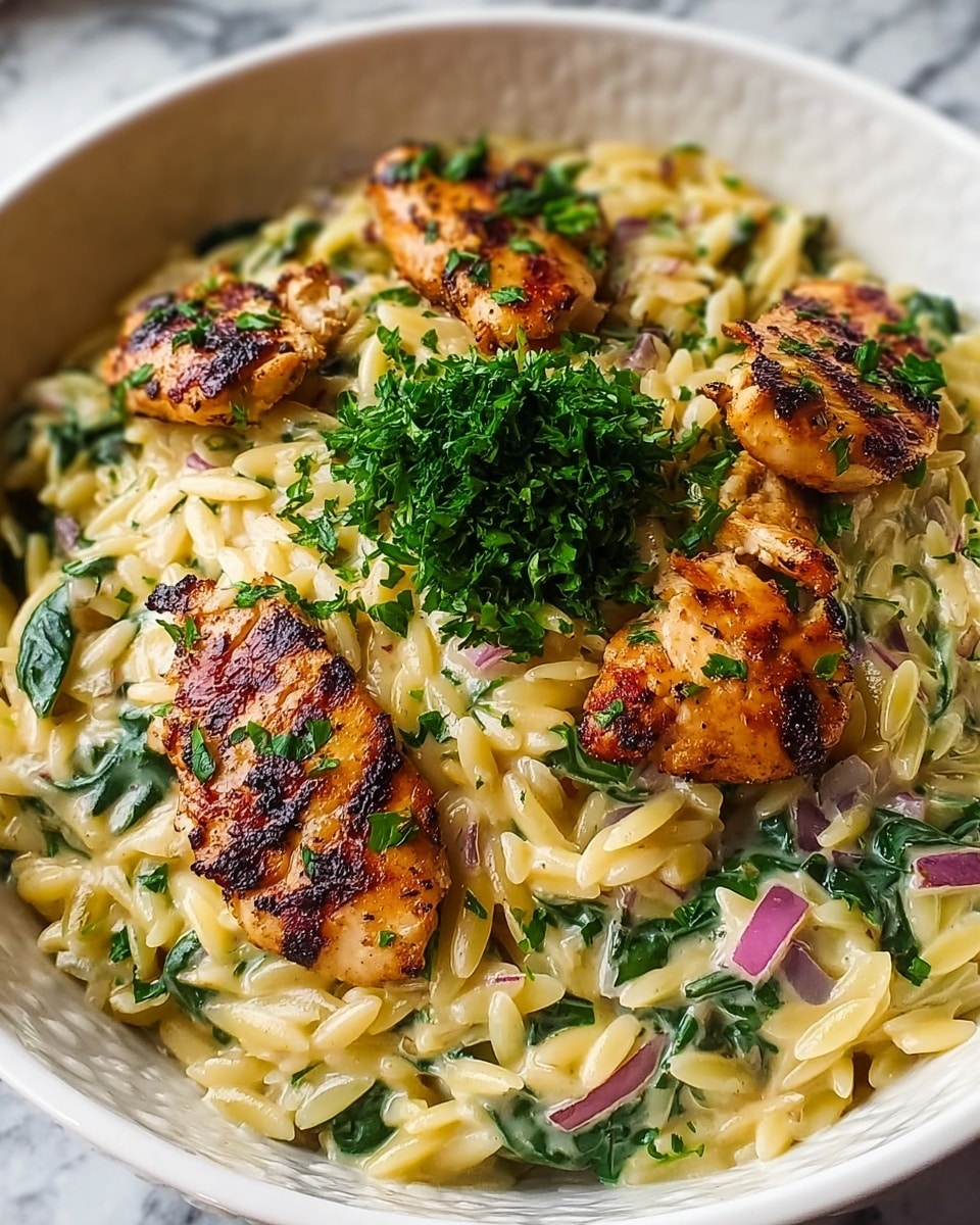 A white bowl filled with creamy orzo pasta mixed with green spinach and small pieces of red onion, the orzo is coated in a smooth, light yellow sauce. On top, there are several grilled chicken pieces with a golden brown color and slight charring, sprinkled with chopped fresh green herbs. In the center of the bowl, a small pile of finely chopped parsley adds a bright green color contrast. The bowl sits on a white marbled surface, making the colors of the dish stand out clearly. photo taken with an iphone --ar 4:5 --v 7