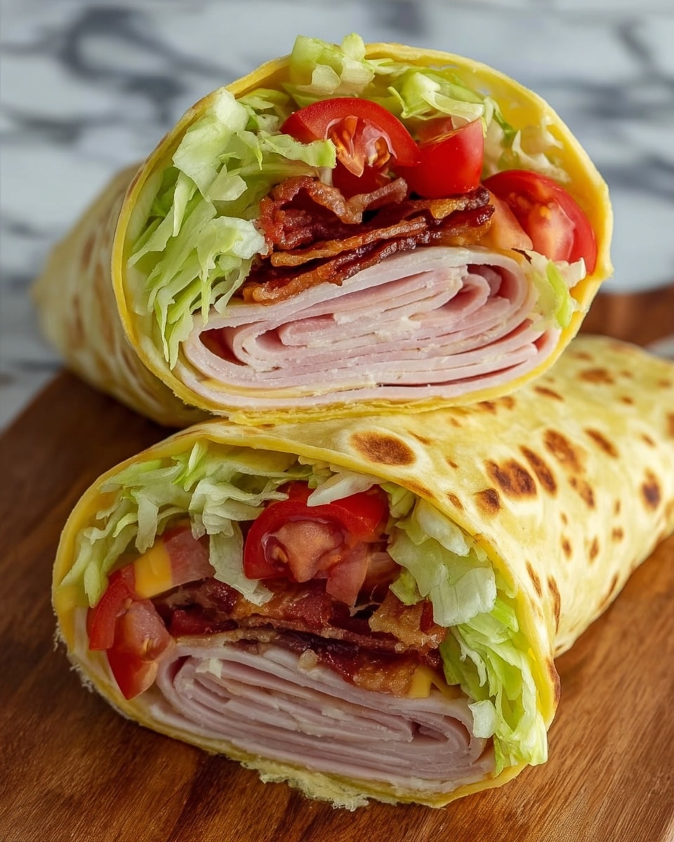 The image shows two halves of a wrap stacked, each cut side facing forward to reveal the layers inside. The outer layer is a soft yellow flatbread with brown spots. Inside, the first visible layer is thin folded slices of light pink turkey deli meat. On top of the meat, there are crispy brown bacon strips nestled next to fresh red tomato chunks with visible seeds. Bright green shredded lettuce sits above the meat and bacon, adding a leafy texture. Toward the bottom half wrap, there's a layer of pale yellow cheese next to the tomatoes. The wrap pieces are placed on a wooden surface with a blurred white marbled background. Photo taken with an iphone --ar 4:5 --v 7