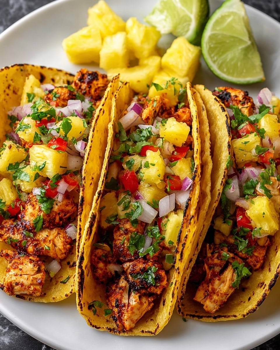 Three grilled chicken tacos are arranged side by side on a white plate. Each taco has a soft, slightly charred yellow corn tortilla folded to hold layers of juicy, grilled chicken pieces with a golden brown color. On top, there are small chunks of bright yellow pineapple, finely chopped red bell peppers, white onions, and fresh green cilantro, adding vibrant color and texture. In the background, two lime wedges and extra pineapple chunks rest on the plate, all set on a white marbled surface. Photo taken with an iphone --ar 4:5 --v 7