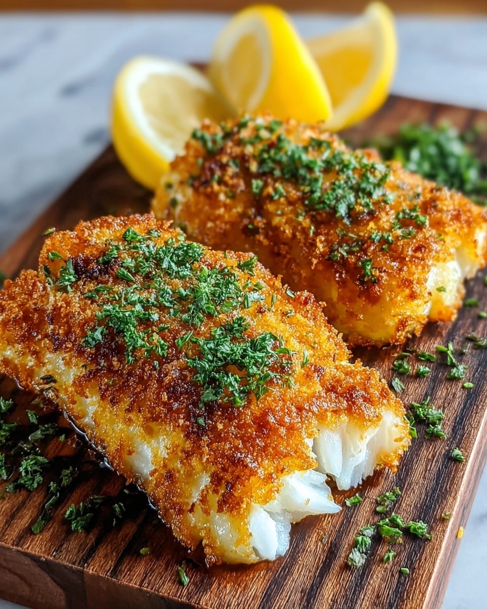 The image shows two pieces of golden brown, crispy fried fish fillets lying next to each other on a dark wooden board. Each fillet has a crunchy textured crust and is topped with finely chopped green herbs. The inside of the fish is white and flaky, visible at the edges. Behind the fish, there are two bright yellow lemon slices standing upright, adding a fresh look. More chopped green herbs are scattered around the board, enhancing the color contrast. The background surface has a white marbled texture. photo taken with an iphone --ar 4:5 --v 7