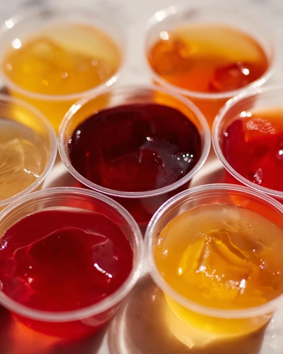 The image shows many small clear glass cups filled with jelly in green, yellow, red, and orange colors, arranged in a scattered pattern on a white marbled surface. Each jelly layer is smooth and shiny, filling the cups to just below the rim, with no extra decoration. The lighting creates soft reflections and slight shadows around the cups, emphasizing the glass’s transparency and the vibrant colors of the jelly inside. Photo taken with an iphone --ar 4:5 --v 7