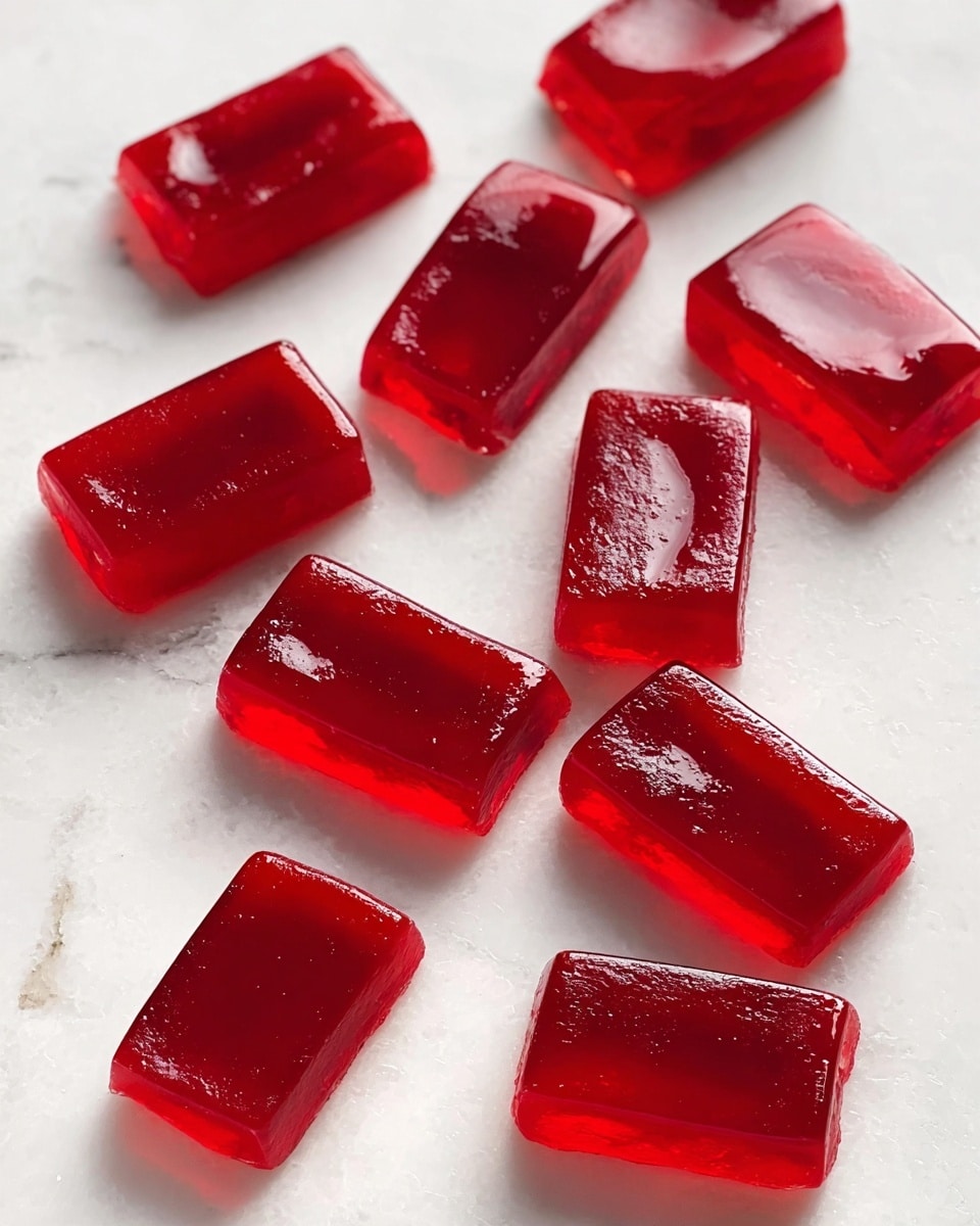 Several glossy, bright red rectangular jelly candies are scattered on a white marbled surface. Each piece has smooth, shiny edges and a slightly translucent look, showing the soft, gel-like texture inside. They are all roughly the same size and shape, arranged loosely with small spaces between them. The lighting highlights the smooth tops, making them appear fresh and inviting. photo taken with an iphone --ar 4:5 --v 7