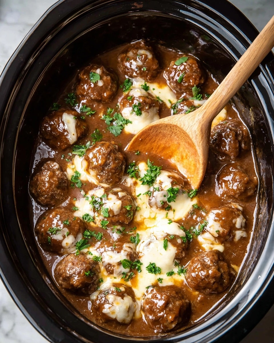 Inside a black slow cooker, there are many small round meatballs covered with thick brown gravy that looks shiny and rich. Mixed in with the meatballs are melted creamy white cheese patches, giving a soft, smooth texture that contrasts with the gravy. Scattered bright green chopped parsley pieces add a fresh pop of color over the top. A wooden spoon with a warm brown tone is resting in the slow cooker, partially submerged in the gravy and meatballs. The whole scene sits on a white marbled surface. Photo taken with an iphone --ar 4:5 --v 7