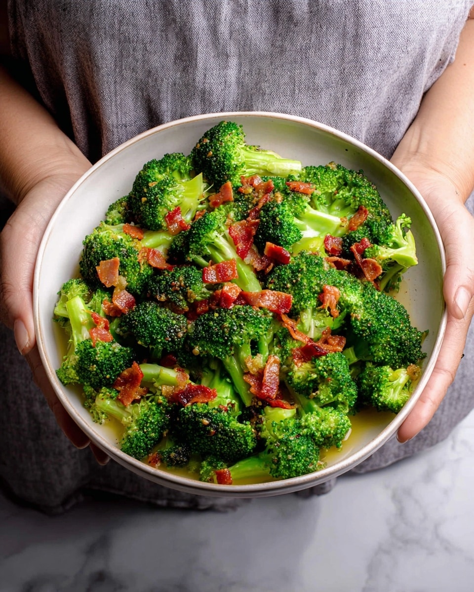A white bowl filled with bright green broccoli florets cooked and slightly glossy, mixed with small, crispy red-brown pieces of bacon scattered evenly on top. The broccoli sits in a light oily sauce that pools slightly at the bottom. The bowl is held by a woman’s hands partially covered by a gray cloth, and the background shows the woman wearing a light gray apron against a white marbled surface. The overall look is fresh and vibrant with contrasting green and reddish tones. photo taken with an iphone --ar 4:5 --v 7