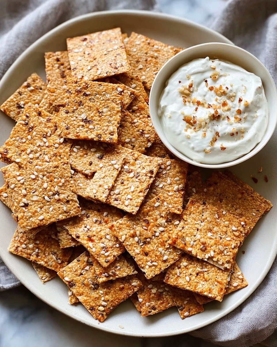 A white plate filled with two layers of square crackers that are light brown with visible sesame seeds and grainy texture, scattered in a slightly overlapping way. On the top right of the plate, there is a small white bowl filled with creamy white dip, sprinkled with small bits of crushed nuts or seasoning. The plate is placed on a white marbled surface with a soft fabric nearby. photo taken with an iphone --ar 4:5 --v 7