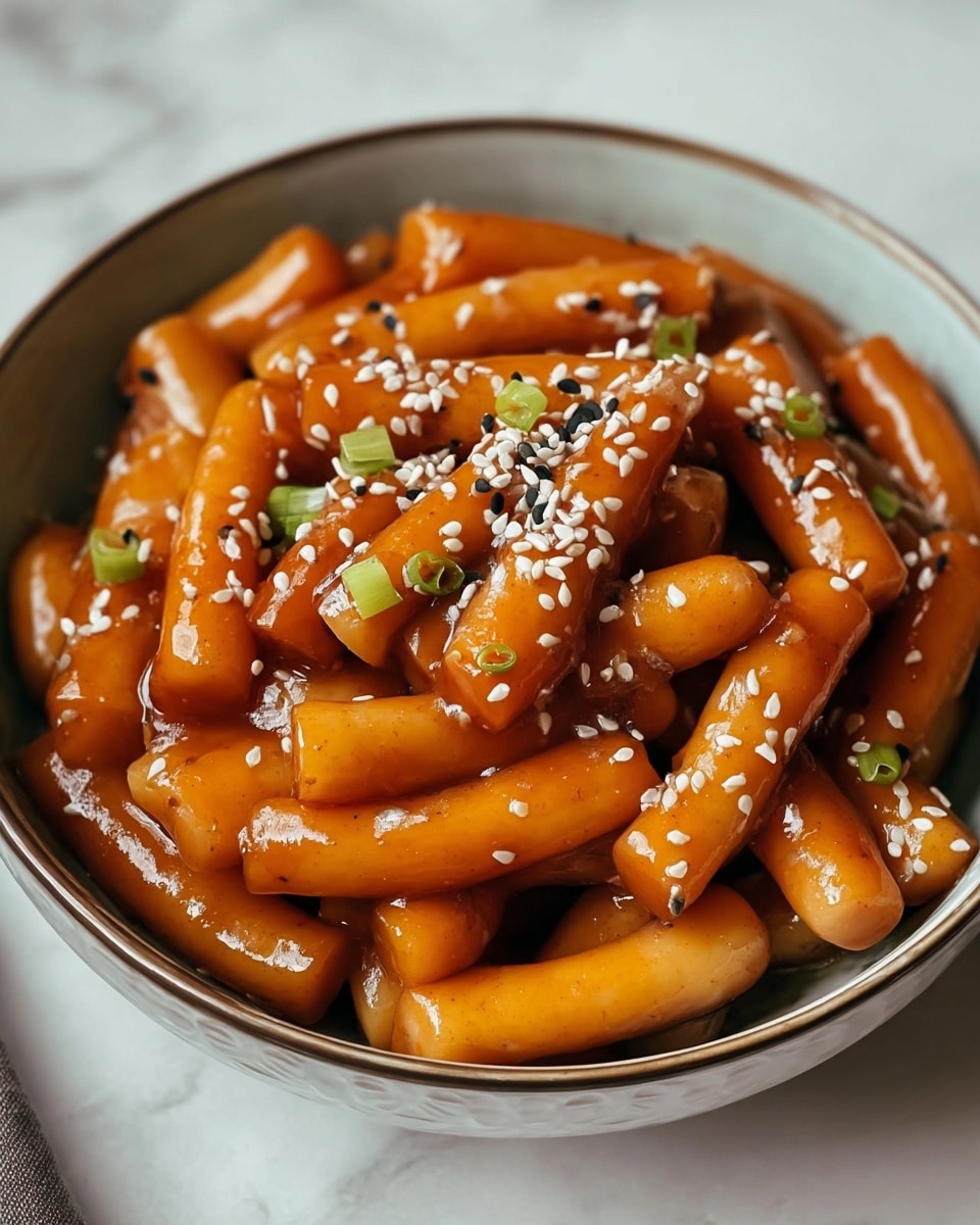 The image shows a bowl filled with glossy, orange-brown rice cakes coated in a thick sauce. The rice cakes are cylindrical and piled high in the bowl, each piece smooth and shiny with some areas darker from the sauce. Small white and black sesame seeds are sprinkled over the top, adding texture and a slight contrast. There are also small green onion pieces scattered, providing a fresh green color pop. The bowl is white with a subtle pattern on the inside rim, sitting on a white marbled surface. photo taken with an iphone --ar 4:5 --v 7