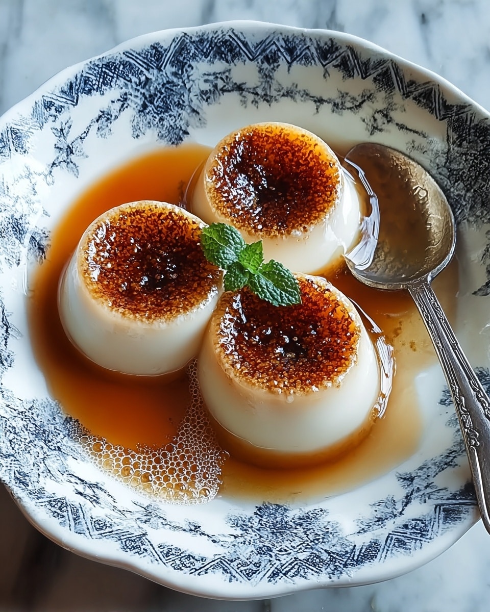 The image shows three small white pudding-like desserts with smooth texture placed together in a white bowl with blue floral patterns. Each dessert has a round caramelized brown top layer that looks slightly burnt and bubbly. A light syrupy liquid with bubbles surrounds the puddings at the base. There is a small green leaf garnish resting on top near a silver spoon, which is partially inside the bowl. The bowl is set on a white marbled surface. photo taken with an iphone --ar 4:5 --v 7