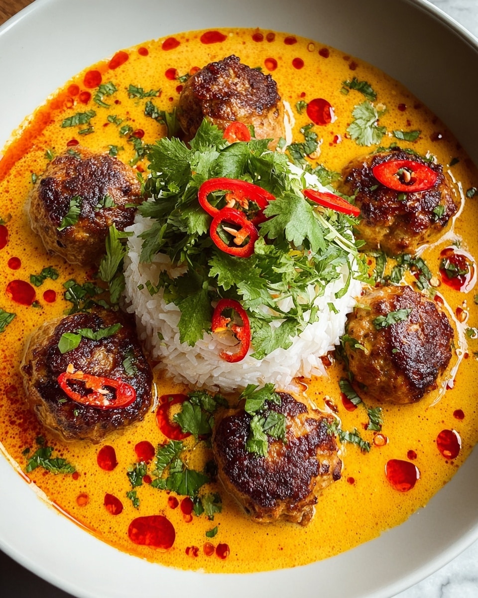 A white bowl filled with a creamy, orange curry sauce that has small drops of red oil scattered on the surface. In the center, there is a mound of white rice, topped with fresh green cilantro leaves and slices of red chili peppers. Surrounding the rice are six browned meatballs with a slightly charred crust, each garnished with chopped herbs and a thin slice of red chili. The dish appears vibrant with colors of orange, green, white, and red against the smooth surface of the curry sauce. The bowl sits on a white marbled texture. Photo taken with an iphone --ar 4:5 --v 7