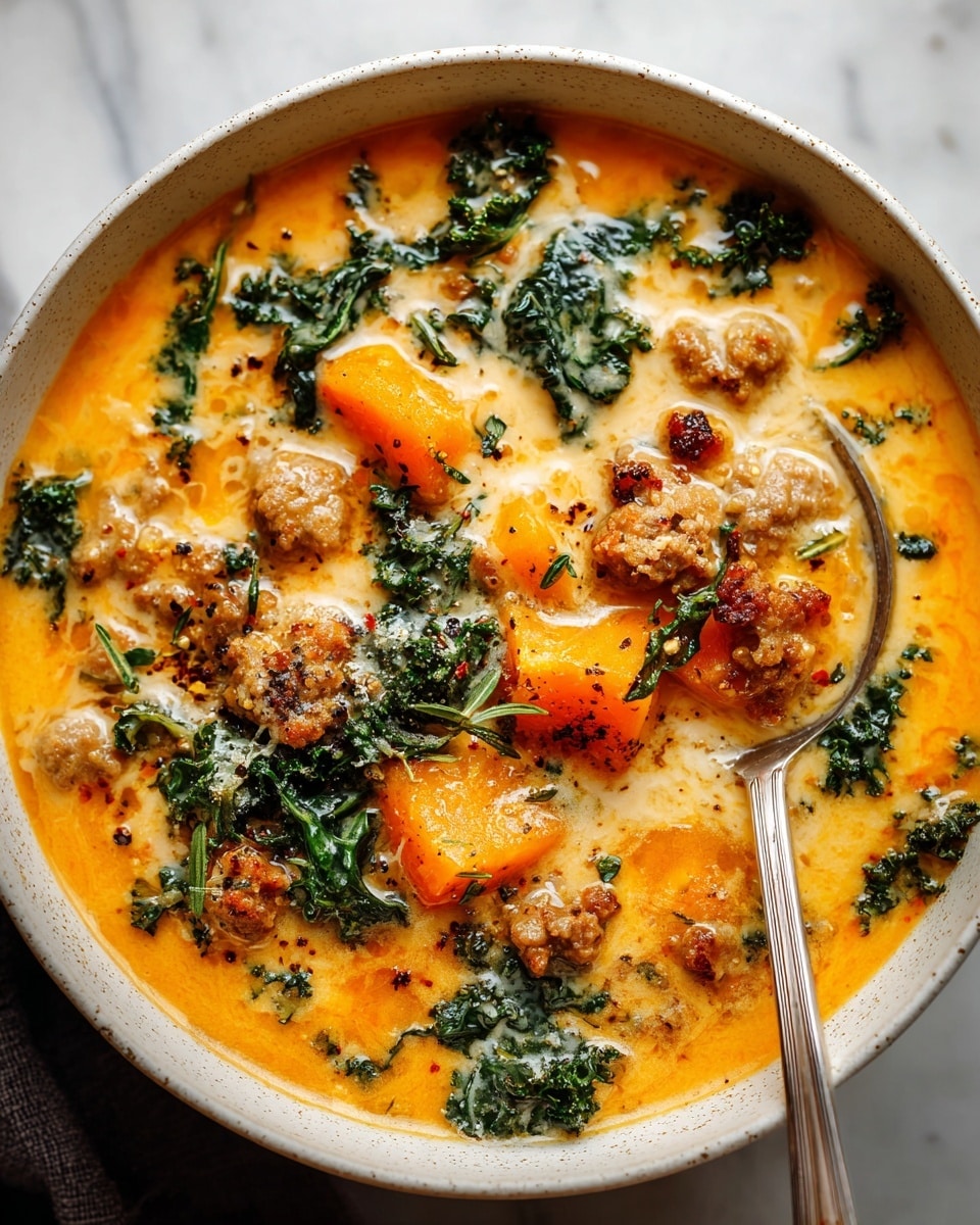 The dish is a creamy soup served in a white bowl, showing a rich, smooth orange base layer filled with chunky pieces of bright orange squash, brown crumbled sausage, and dark green kale leaves. The soup is thick with visible spices sprinkled on top, giving texture and warmth. A spoon rests inside the bowl, scooping a mix of large squash pieces, sausage, and kale, highlighting the hearty nature of the dish. The edge of the bowl has a light speckled pattern, and the background features a soft white marbled texture that complements the colors in the soup. photo taken with an iphone --ar 4:5 --v 7