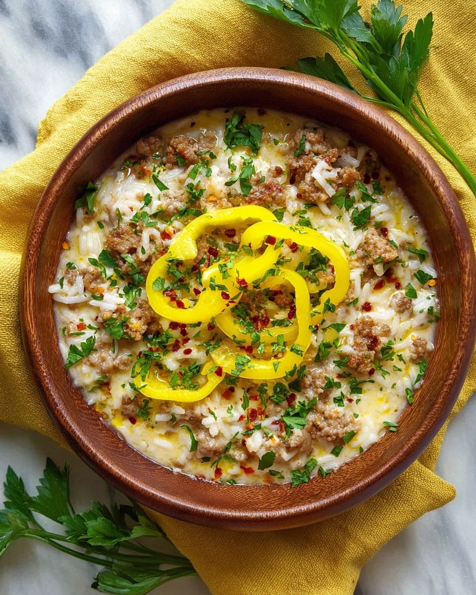 A close-up view of a creamy soup served in a white bowl, showing a spoon lifting a portion. The soup has visible layers including a light yellow creamy base with pieces of soft rice and small browned sausage chunks, all sprinkled with chopped green herbs. The texture looks thick and rich, with the ingredients well mixed but distinct. The background features a white marbled texture with hints of green and yellow blurred out. photo taken with an iphone --ar 4:5 --v 7