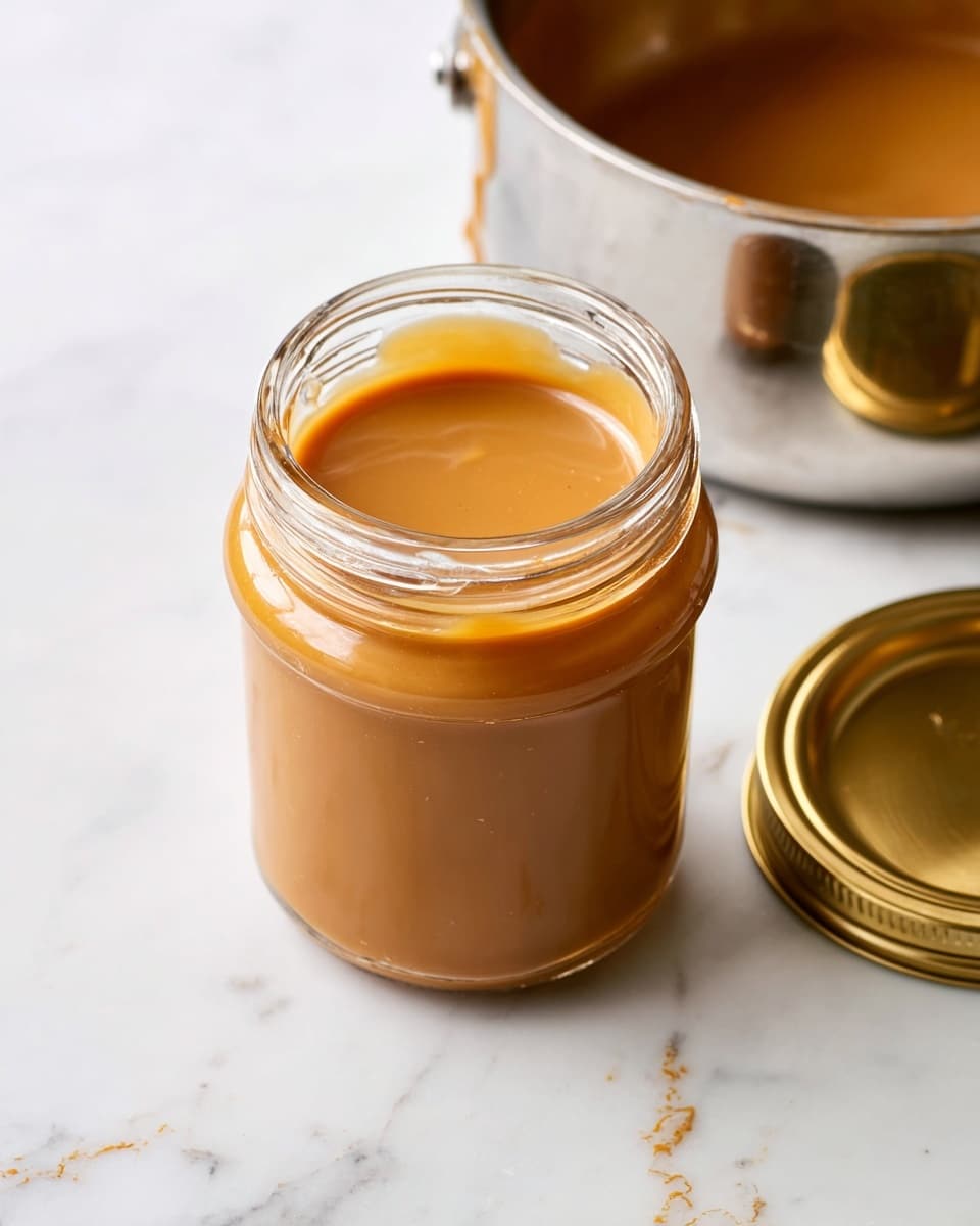 A clear glass jar filled with smooth, creamy caramel-colored sauce almost to the top sits on a white marbled surface with subtle golden flecks. To the right of the jar lies a shiny golden metal lid, and in the background to the left, a stainless steel pot shows remnants of the same caramel sauce coating its inside edges. The sauce inside the jar has a glossy, even texture with no bubbles or lumps visible. photo taken with an iphone --ar 4:5 --v 7