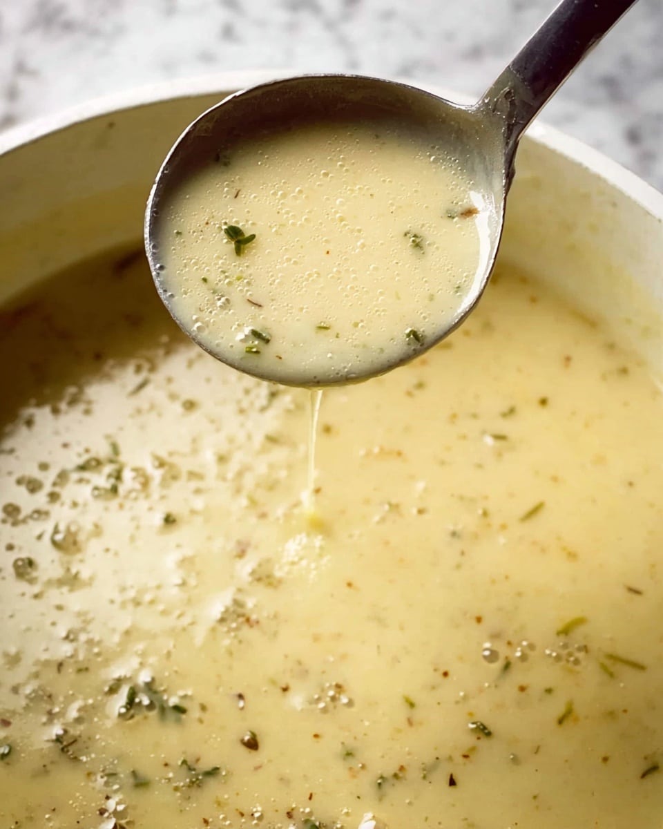 A white bowl filled with creamy, light yellow soup sprinkled generously with small green herbs and ground black pepper, with visible oil droplets creating a shiny texture on top. Two pieces of toasted bread with a golden-brown crust and airy, porous inner texture are half-submerged in the soup at the back of the bowl. A shiny silver spoon rests inside the soup on the right side, with its handle positioned toward the edge of the bowl. The entire scene is set against a white marbled surface. photo taken with an iphone --ar 4:5 --v 7