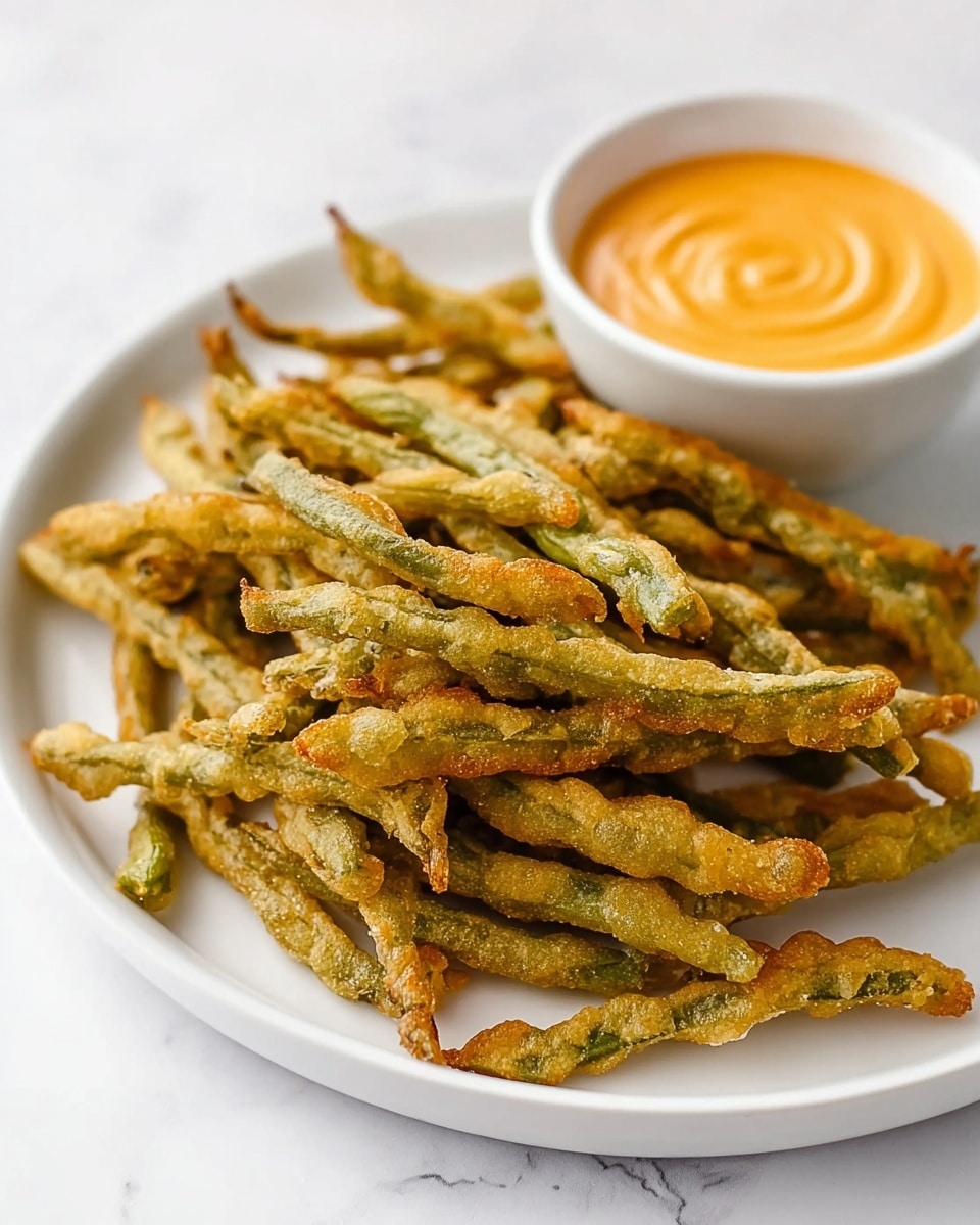 A white plate holds a pile of thin, golden-brown fried green beans with a crispy texture. The beans are arranged in a loose stack covering most of the plate. To the upper right of the plate, there is a small white bowl filled with smooth, orange dipping sauce swirled on the top. The background surface is a white marbled texture. photo taken with an iphone --ar 4:5 --v 7