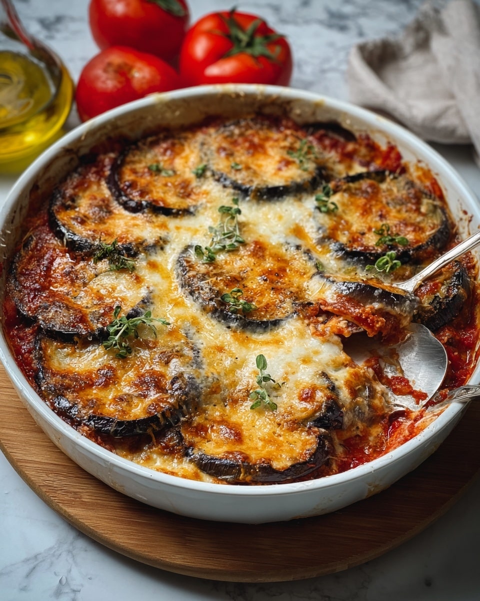 A white round baking dish filled with a layered eggplant casserole, showing multiple layers of dark purple eggplant slices topped with browned melted cheese and bits of red tomato sauce peeking through. The eggplant slices are arranged in overlapping circles around the dish, with a sprinkle of grated cheese on top and a small sprig of green herbs placed in the center for garnish. The edges of the casserole are slightly browned and bubbly, giving a crispy texture look. The dish sits on a wooden board, with a blurred white marbled background, and a silver spoon scooping some of the casserole from one side. Photo taken with an iphone --ar 4:5 --v 7