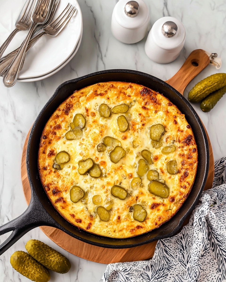 A round black cast iron skillet holds a baked dish with three visible layers: the bottom layer is light yellow and smooth, likely an egg or batter base; the middle layer is melted and browned cheese with bubbly, golden spots; the top layer is scattered with green pickle slices, evenly spaced across the surface, adding texture and color contrast. The skillet sits on a wooden board placed on a white marbled surface, surrounded by four small whole pickles, a white salt shaker, a white pepper shaker, two stacked white plates with two silver forks on top, and a white cloth with a black geometric pattern draped in the corner. photo taken with an iphone --ar 4:5 --v 7