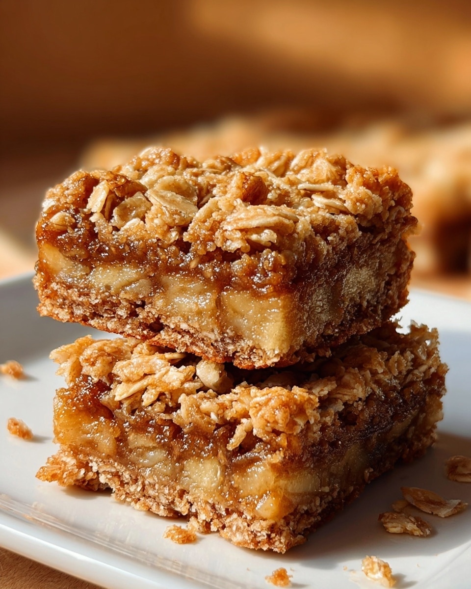 Two square oatmeal bars stacked on a white plate, each bar showing a thick, golden-brown crust made of oats with a slightly crumbly texture. The bars have a visible middle layer filled with darker, moist chunks of banana, giving a mix of light yellow and brown tones. The top and bottom layers are dense with oats, slightly glossy from a baked glaze. The background is softly blurred with warm tones, and some crumbs are scattered on the white plate. The overall look is warm, textured, and inviting. photo taken with an iphone --ar 4:5 --v 7