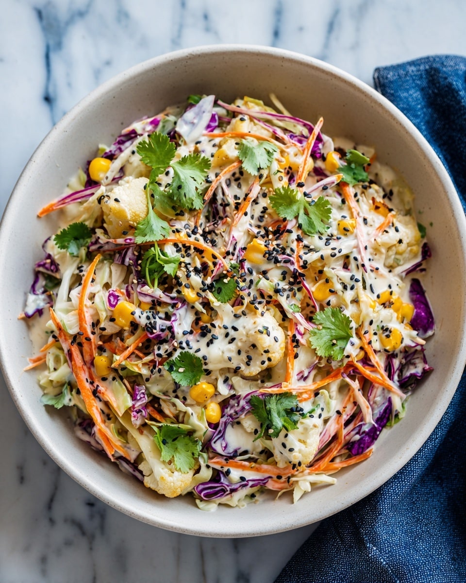 A close-up view of a fresh salad in a brown wooden bowl. The salad has thin layers of green cabbage, orange carrot strips, and bits of purple onion mixed with bright yellow corn kernels, all coated evenly in a creamy white dressing. The top is sprinkled with small black seeds and scattered with small green parsley leaves for a touch of color. The bowl sits on a white marbled textured surface. photo taken with an iphone --ar 4:5 --v 7
