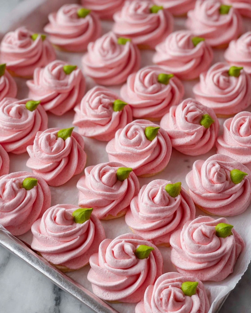 The image shows many small pink meringue cookies shaped like roses, arranged closely together on a white tray lined with white paper. Each cookie has a smooth swirled texture forming a rose shape with a small green dollop at one edge, resembling a leaf. The pink color is soft and even, giving a delicate and light appearance. The arrangement is neat and fills the tray, set on a white marbled surface. photo taken with an iphone --ar 4:5 --v 7