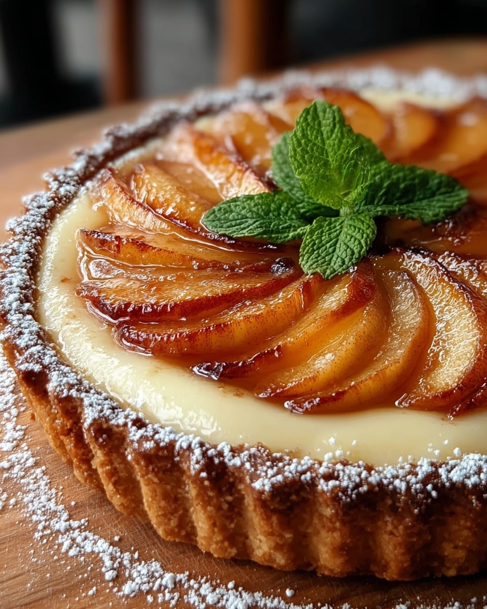 A tart with a thick, golden brown crumbly crust at the base, filled with a smooth, pale cream layer that rises to the edges. On top, glossy caramelized apple slices are arranged in a circular pattern, slightly overlapping and showing a rich amber color with a shiny glaze. A small bunch of bright green fresh mint leaves sits in the center, and the tart is lightly dusted with white powdered sugar around the edges. The tart rests on a wooden surface with a soft blurred background. photo taken with an iphone --ar 4:5 --v 7