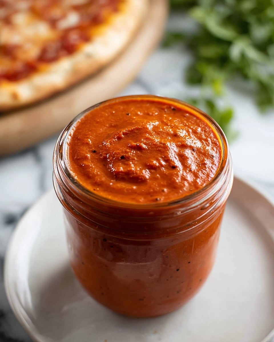 A clear glass jar sits filled to the top with a thick, smooth red sauce that has small black specks and a rich, slightly glossy texture visible on the surface. The jar rests on a white plate, placed on a white marbled texture surface, with some green leafy herbs nearby and part of a pizza visible in the blurred background. The sauce has a vibrant reddish-orange color, evenly spread inside the jar, showing a creamy yet slightly chunky consistency. photo taken with an iphone --ar 4:5 --v 7